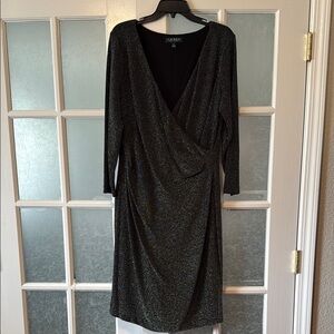 Lauren by Ralph Lauren Black/Silver Ruched Long Sleeve V-Neck Cocktail Dress